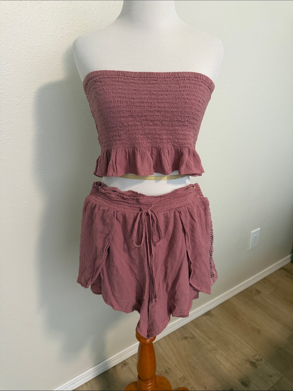 American Eagle Outfitters Mauve Two-Piece Smocked Tube Top & Shorts Set